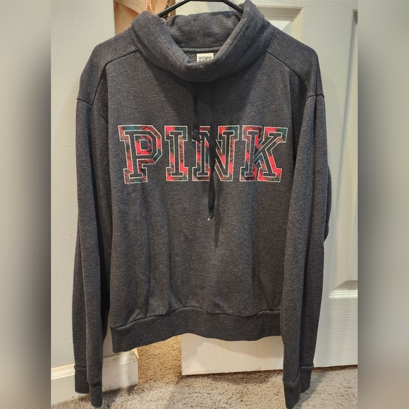 PINK Victoria's Secret Mock Neck Pullover Sweatshirt Plaid Pink Logo Size Medium - Picture 1 of 2